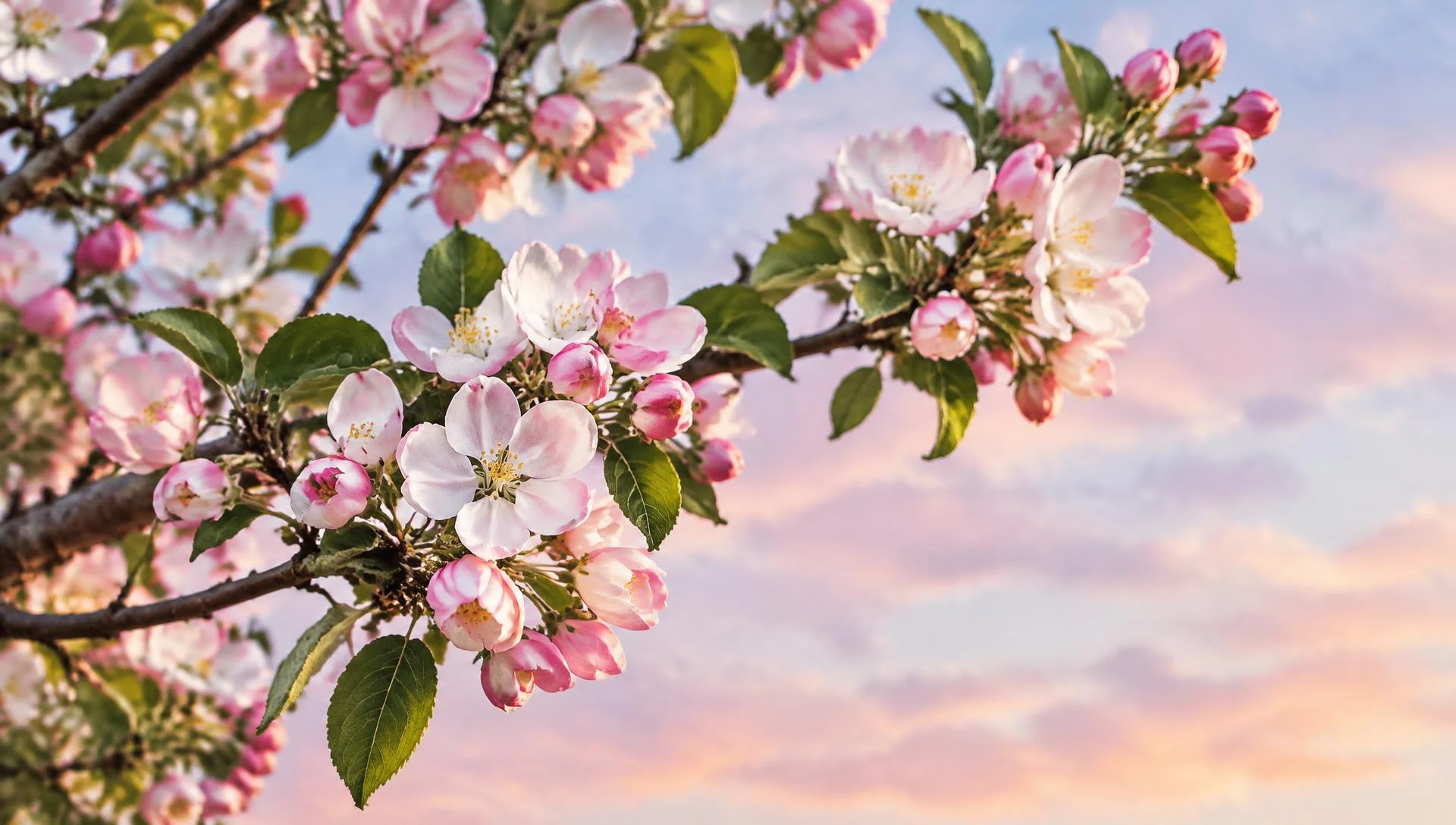 Apple blossoms against a pastel spring sky