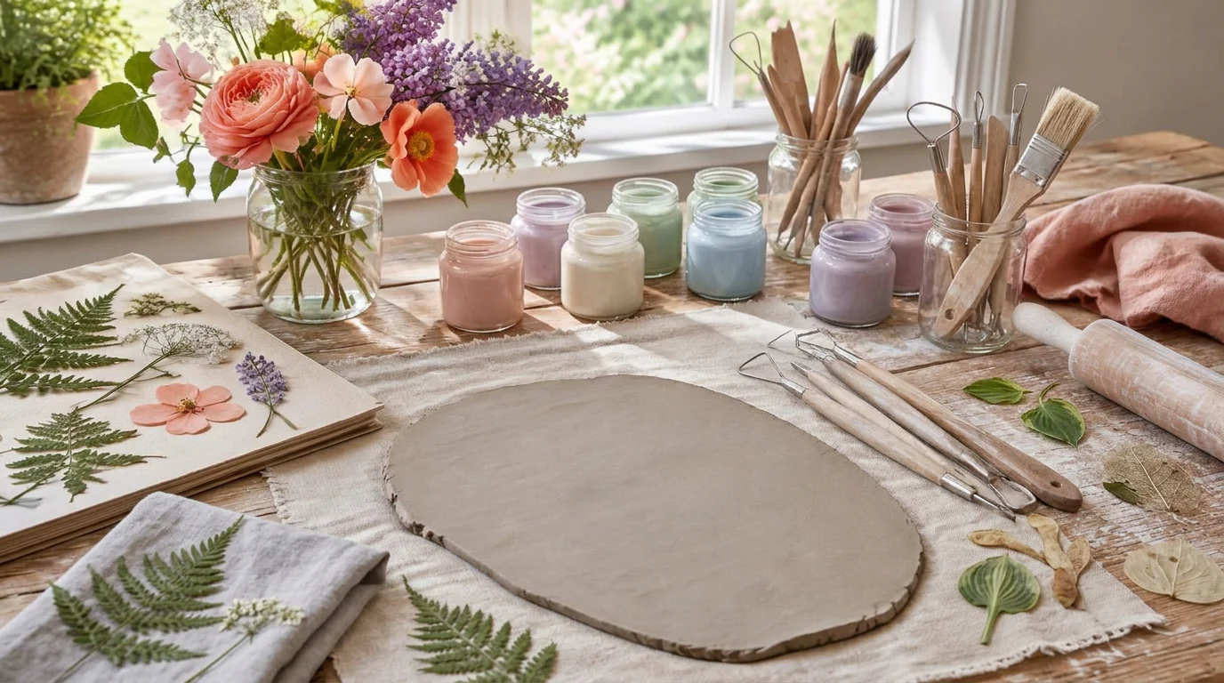 Raw clay slab, wooden tools, pressed leaves and glass glaze jars on a sunlit worktable